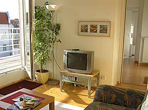 Das Wohn-Schlafzimmer mit Kabel-TV, Austritt zur Terrasse